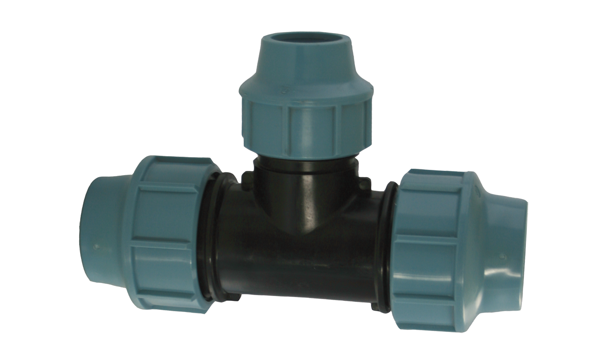 Bewässerung DVGW-PP-T-Stück 90° 3 x Klemmverschraubung, Mittelstutzen reduziert Bewässerung DVGW-PP-T-Stück 90° 3 x Klemmverschraubung, Mittelstutzen reduziert