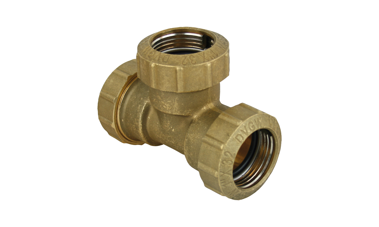 Messing-PE-Rohr-Verschraubung T-Stück 90° Messing-PE-Rohr-Verschraubung T-Stück 90°