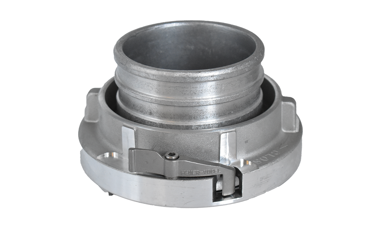 Alu pressure coupling for clamping rings with short hose nozzle System Storz and locking device