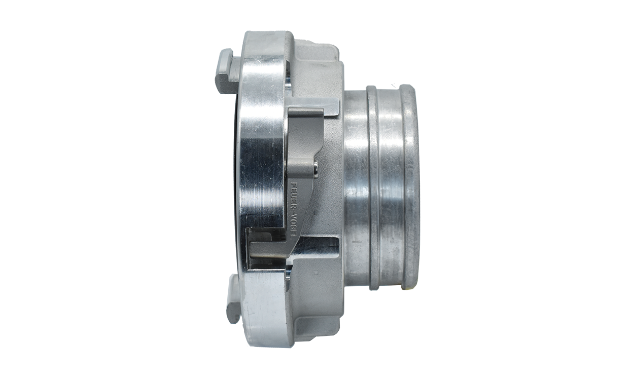 Alu pressure coupling for clamping rings with short hose nozzle System Storz and locking device